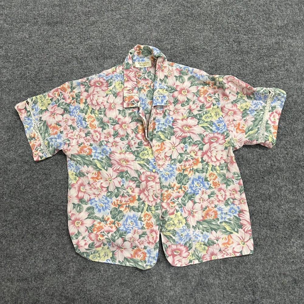 Victoria's Secret Pajama Top Womens Size M Pink Floral Lace Trim Short Sleeve
